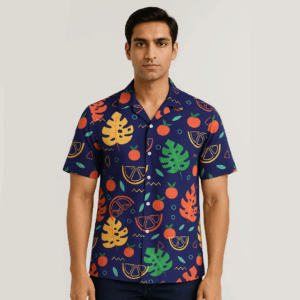 Summer Tropical Pattern Navy Blue Shirt